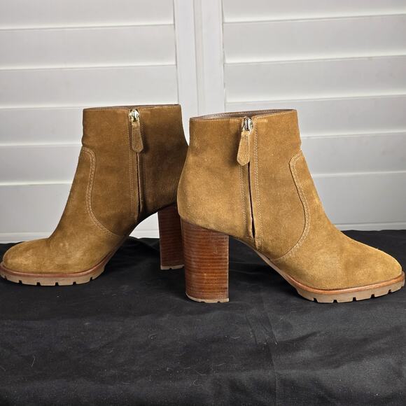 Preloved Tory Burch Sofia Logo Ring High Heel Ankle Suede Leather Booties Brown - Picture 2 of 12